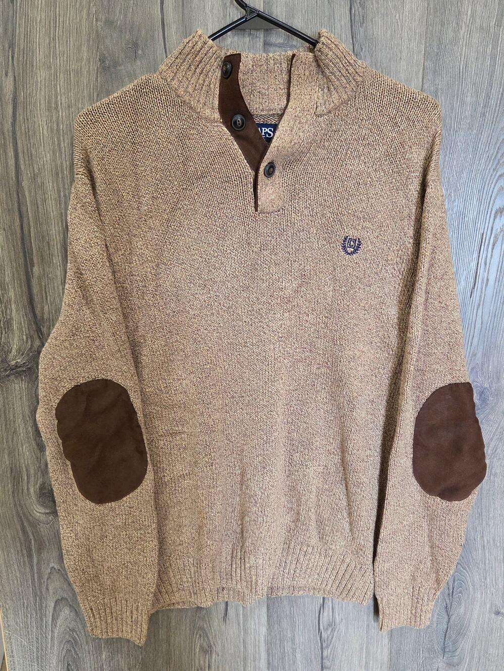 Chaps Mens Cardigan Sweater Henley Elbow Pads Size L Tan